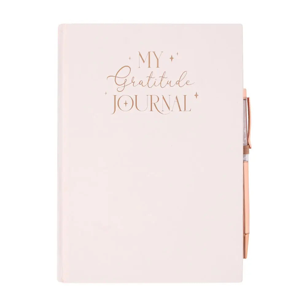 Gratitude Journal Notebook with Rose Quartz Crystal Chip Pen