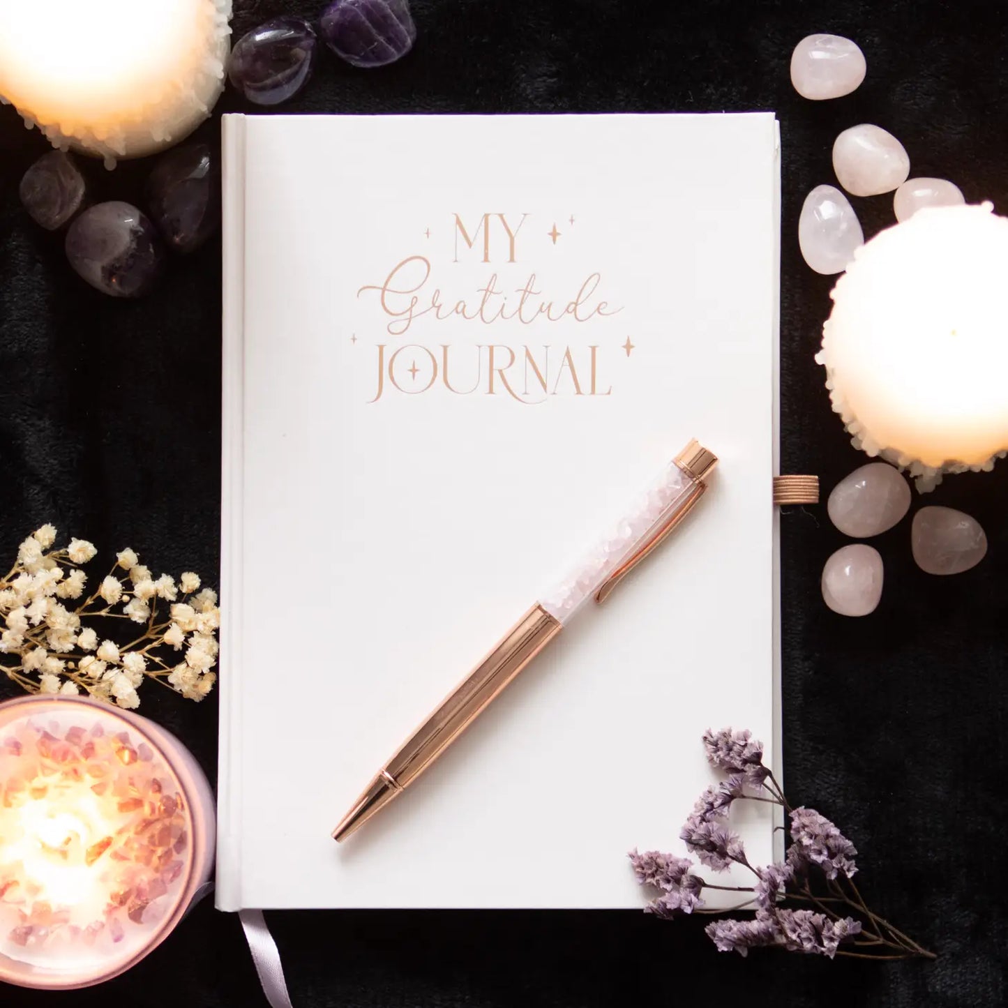 Gratitude Journal Notebook with Rose Quartz Crystal Chip Pen