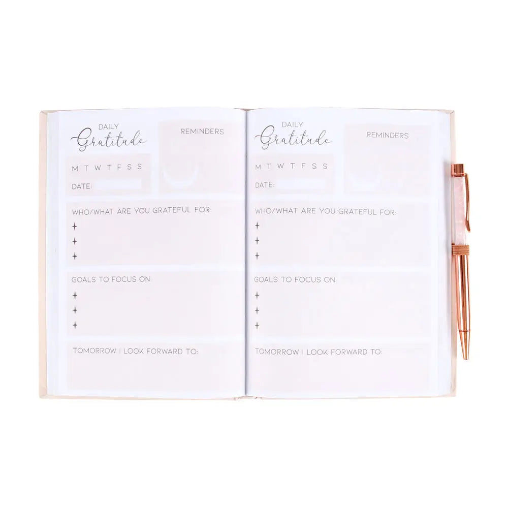 Gratitude Journal Notebook with Rose Quartz Crystal Chip Pen