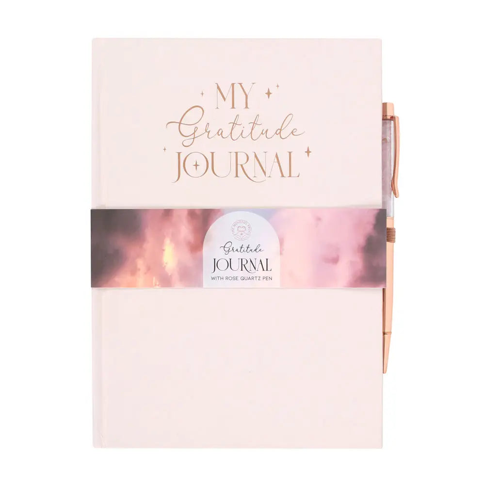 Gratitude Journal Notebook with Rose Quartz Crystal Chip Pen